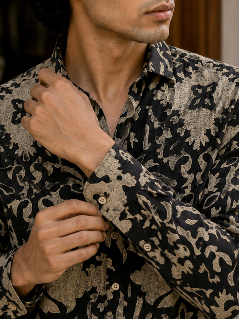 CAHOOT Men's Black Damask Printed Cotton Regular Fit Shirt - view 6