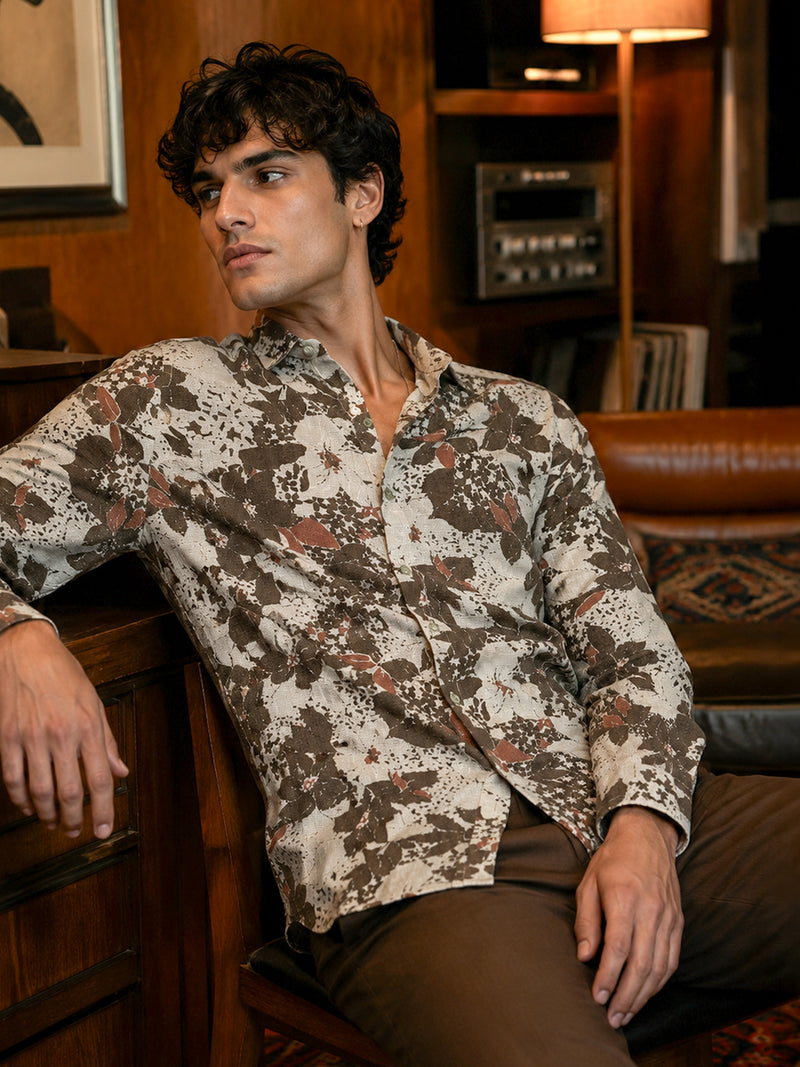 CAHOOT Men's Beige Floral Printed Cotton Regular Fit Shirt - view 1