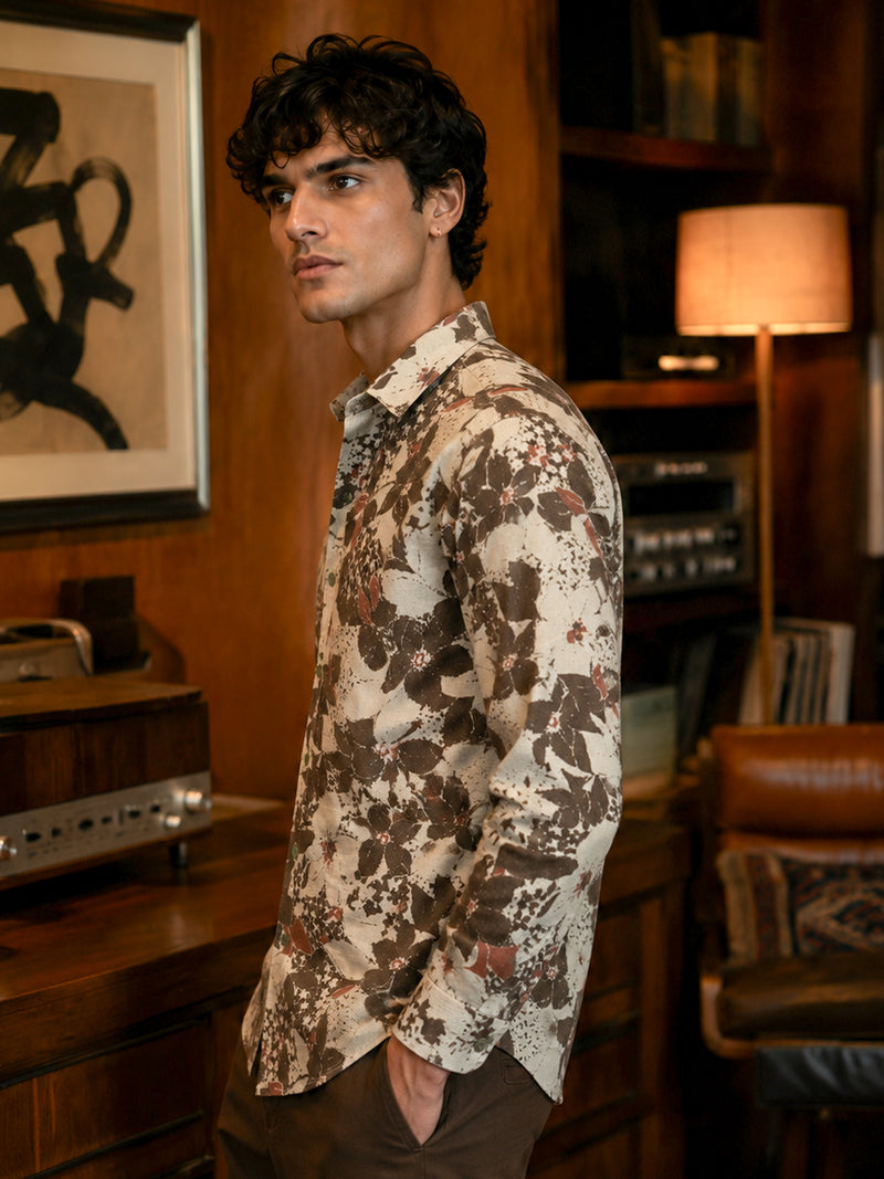 CAHOOT Men's Beige Floral Printed Cotton Regular Fit Shirt - view 2
