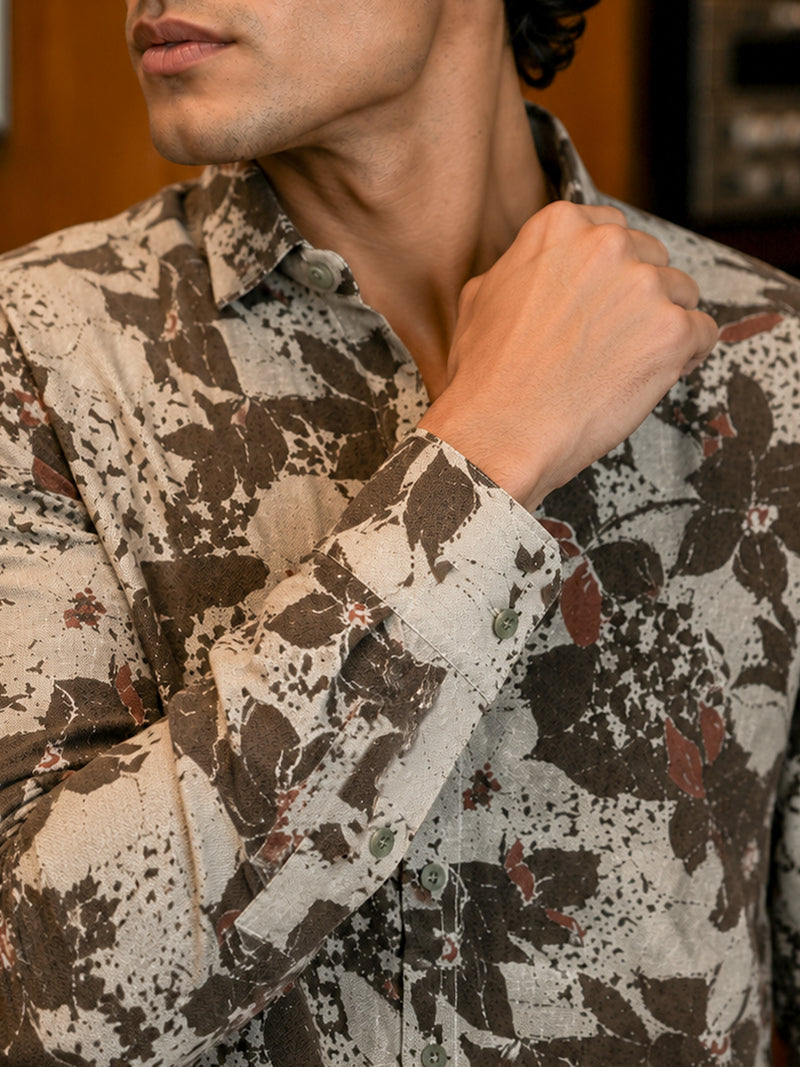 CAHOOT Men's Beige Floral Printed Cotton Regular Fit Shirt - view 6