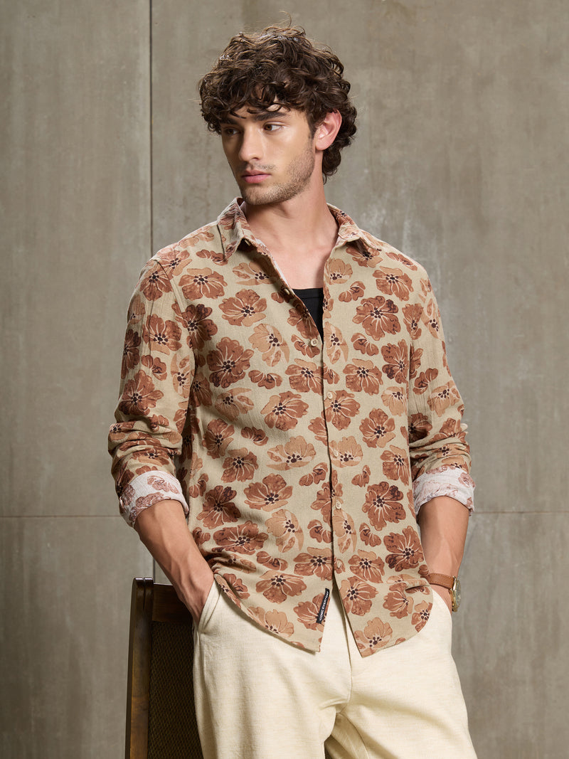 Cahoot Men's Beige & Rust Floral Printed Cotton Shirt - view 1