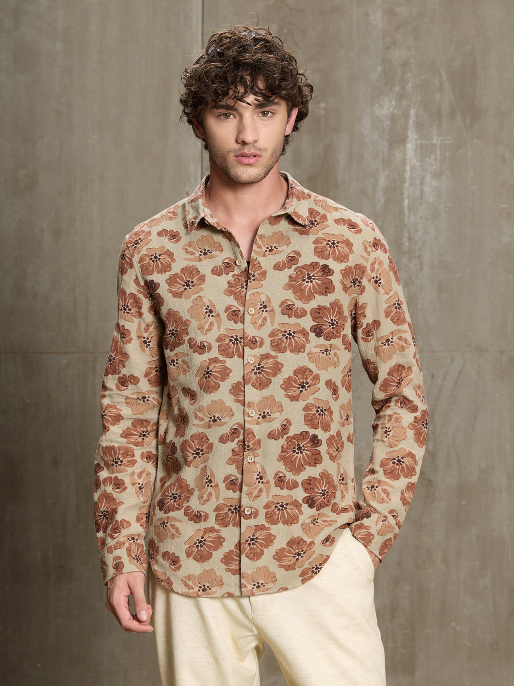 Cahoot Men's Beige & Rust Floral Printed Cotton Shirt - view 2