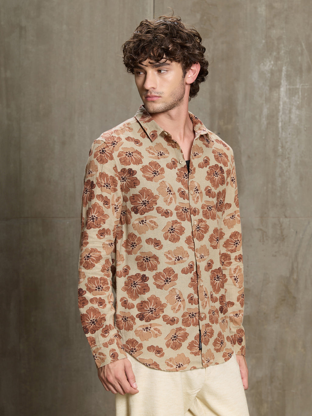 Cahoot Men's Beige & Rust Floral Printed Cotton Shirt - view 3
