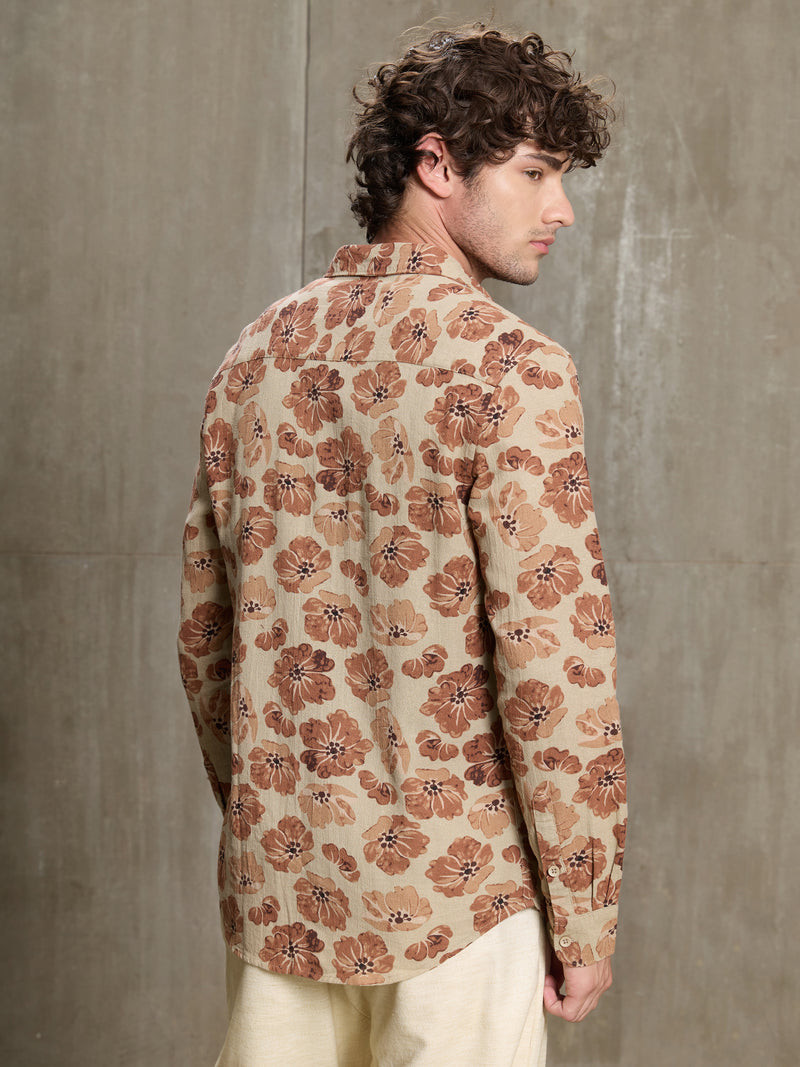 Cahoot Men's Beige & Rust Floral Printed Cotton Shirt - view 4