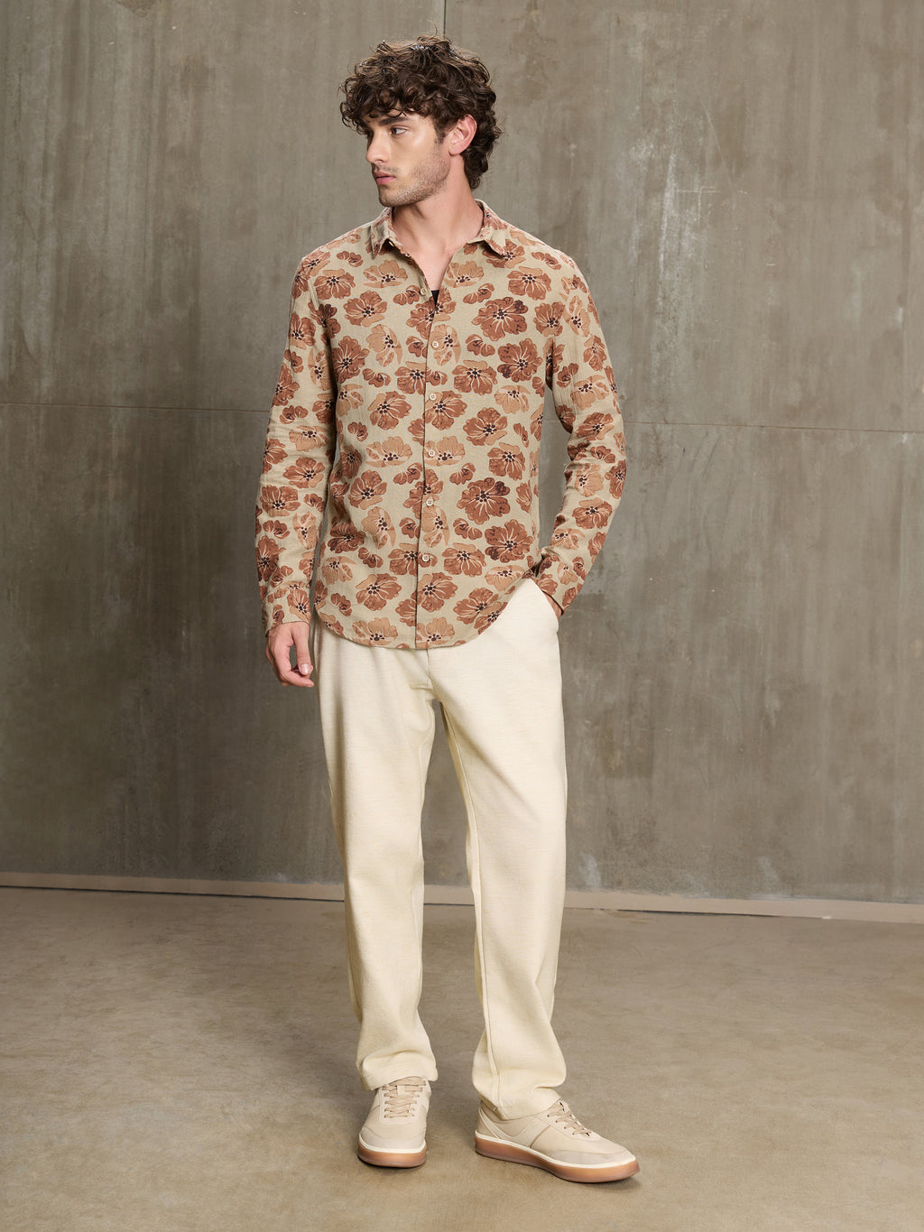 Cahoot Men's Beige & Rust Floral Printed Cotton Shirt - view 5