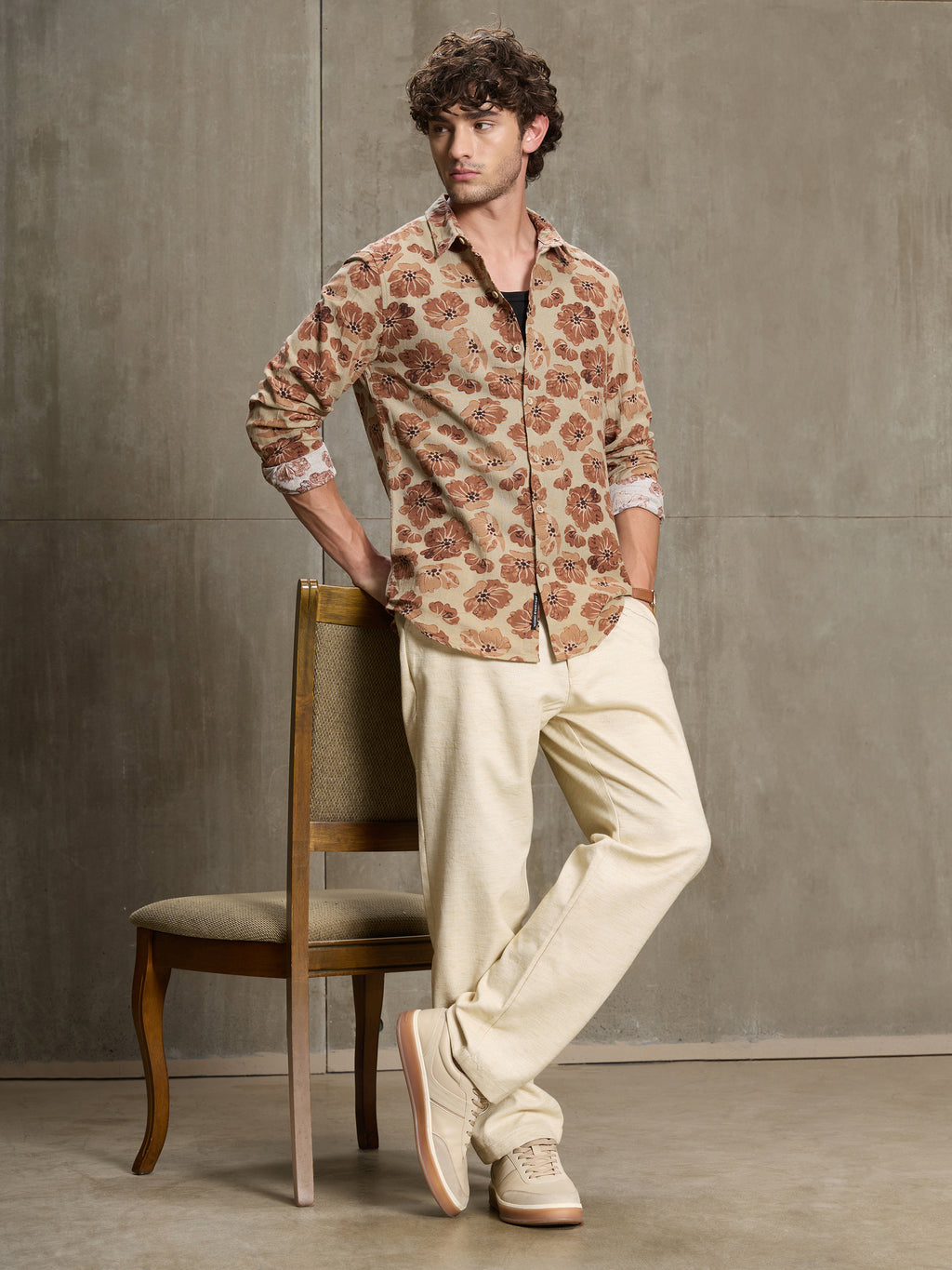 Cahoot Men's Beige & Rust Floral Printed Cotton Shirt - view 6