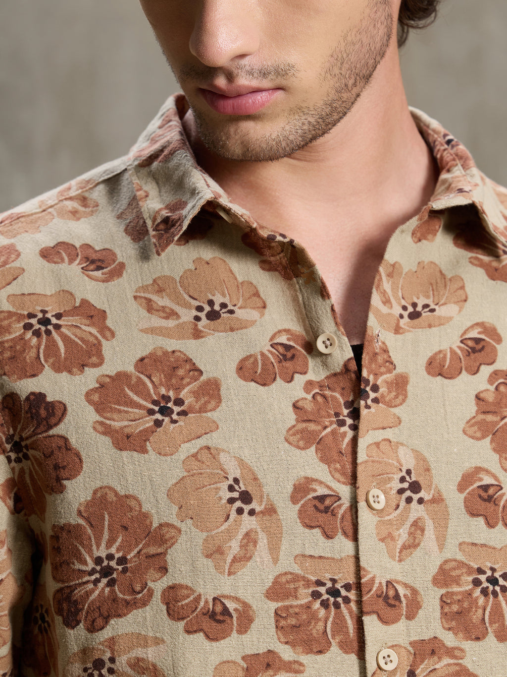 Cahoot Men's Beige & Rust Floral Printed Cotton Shirt - view 7