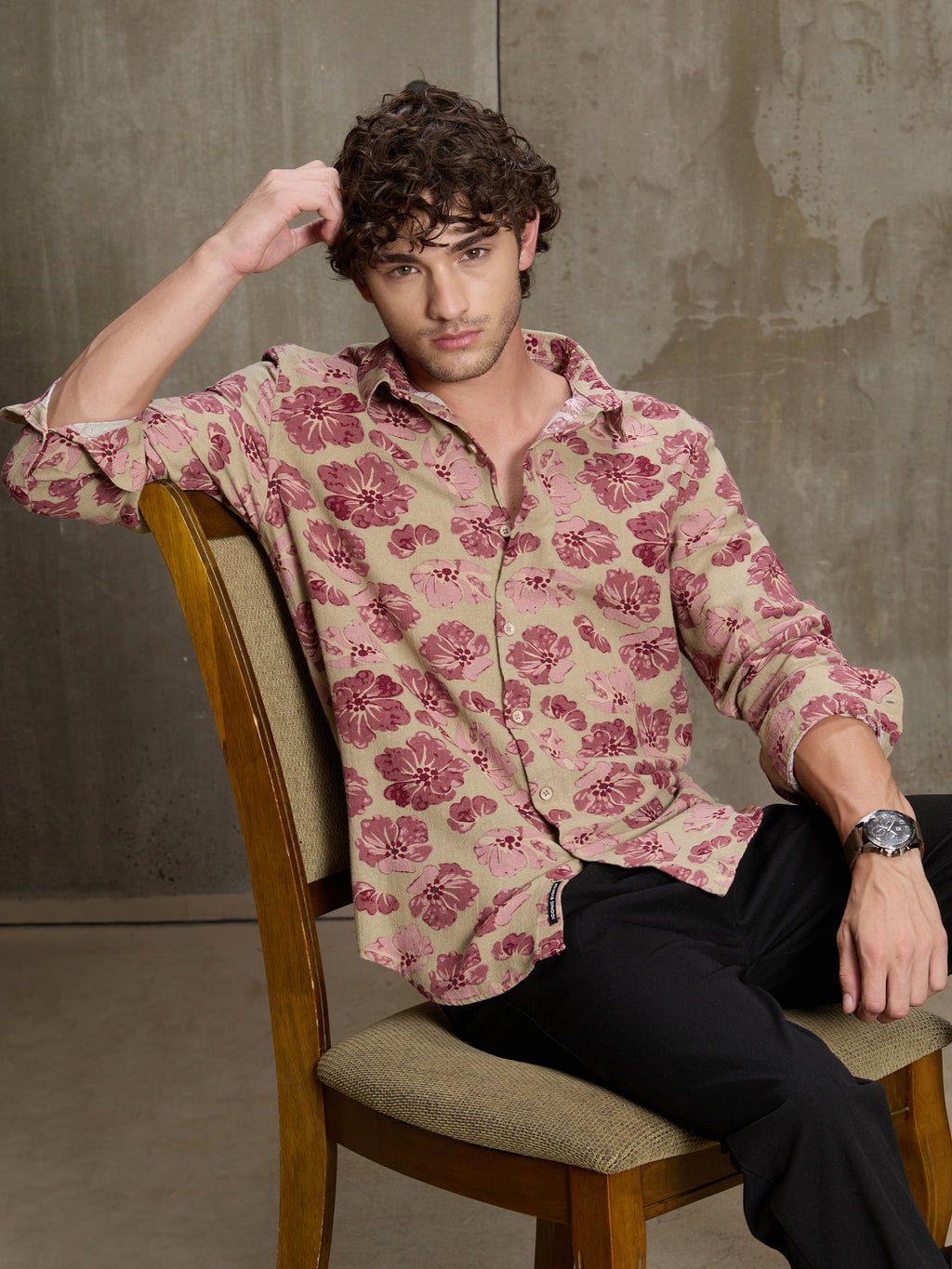 Cahoot Men's Beige & Pink Floral Printed Cotton Shirt - view 1