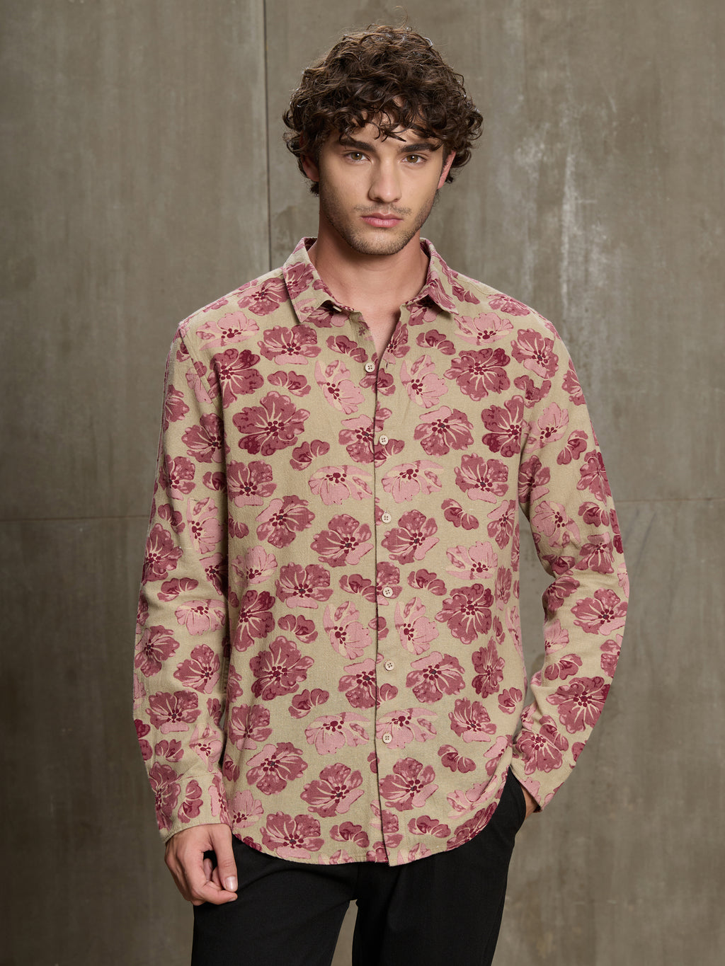 Cahoot Men's Beige & Pink Floral Printed Cotton Shirt - view 2