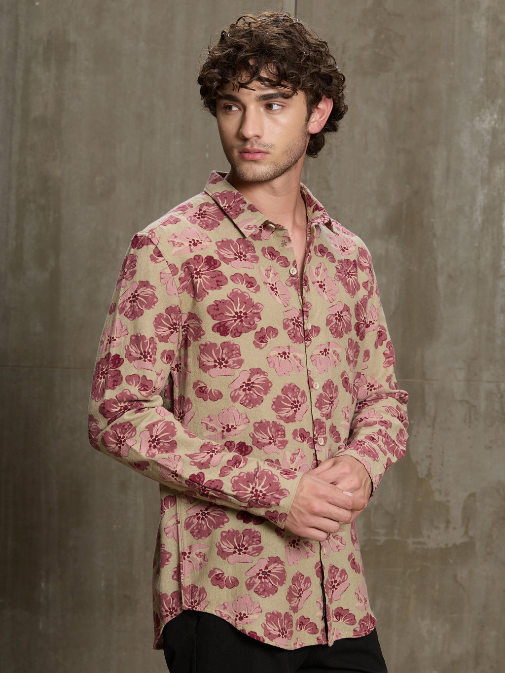 Cahoot Men's Beige & Pink Floral Printed Cotton Shirt - view 3