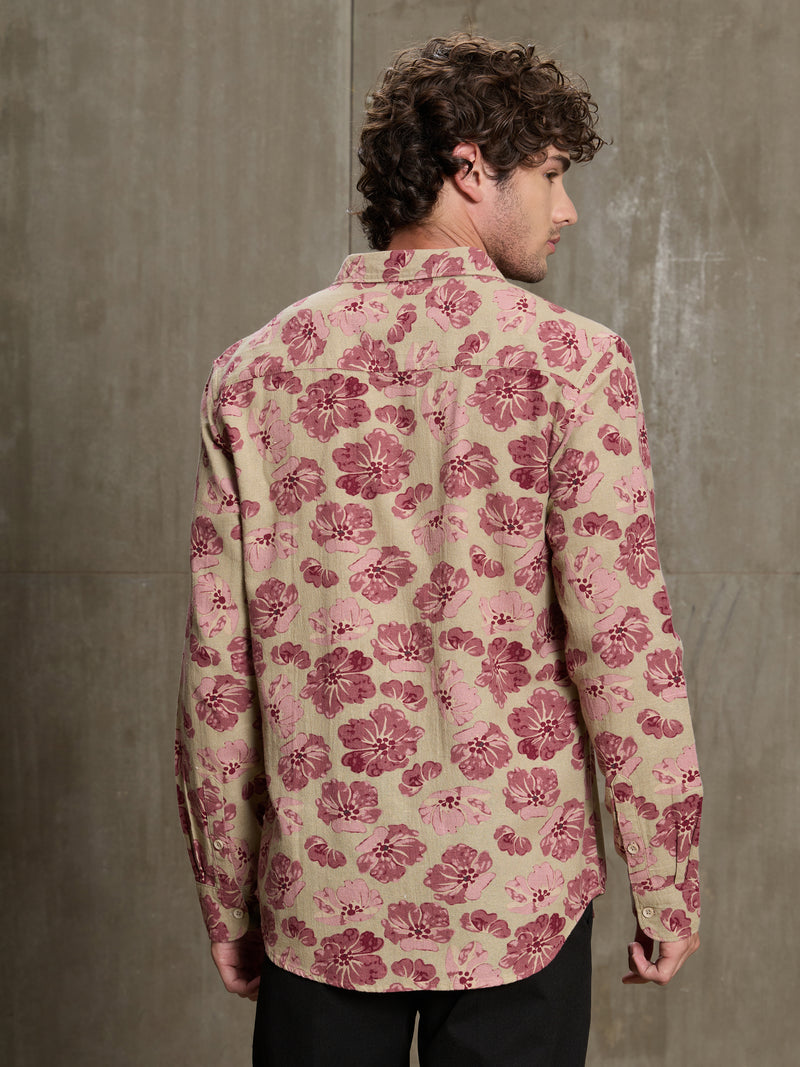 Cahoot Men's Beige & Pink Floral Printed Cotton Shirt - view 4