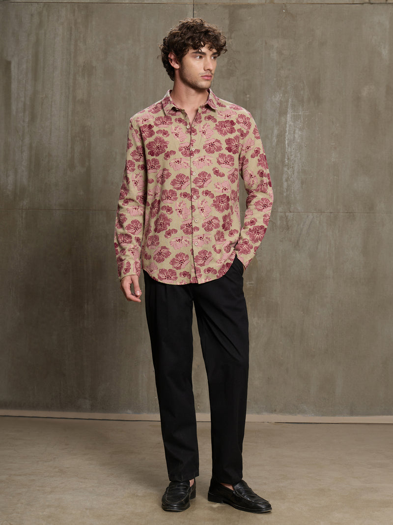 Cahoot Men's Beige & Pink Floral Printed Cotton Shirt - view 5