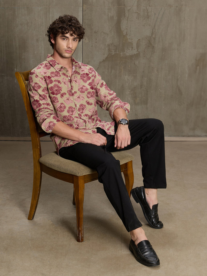Cahoot Men's Beige & Pink Floral Printed Cotton Shirt - view 6