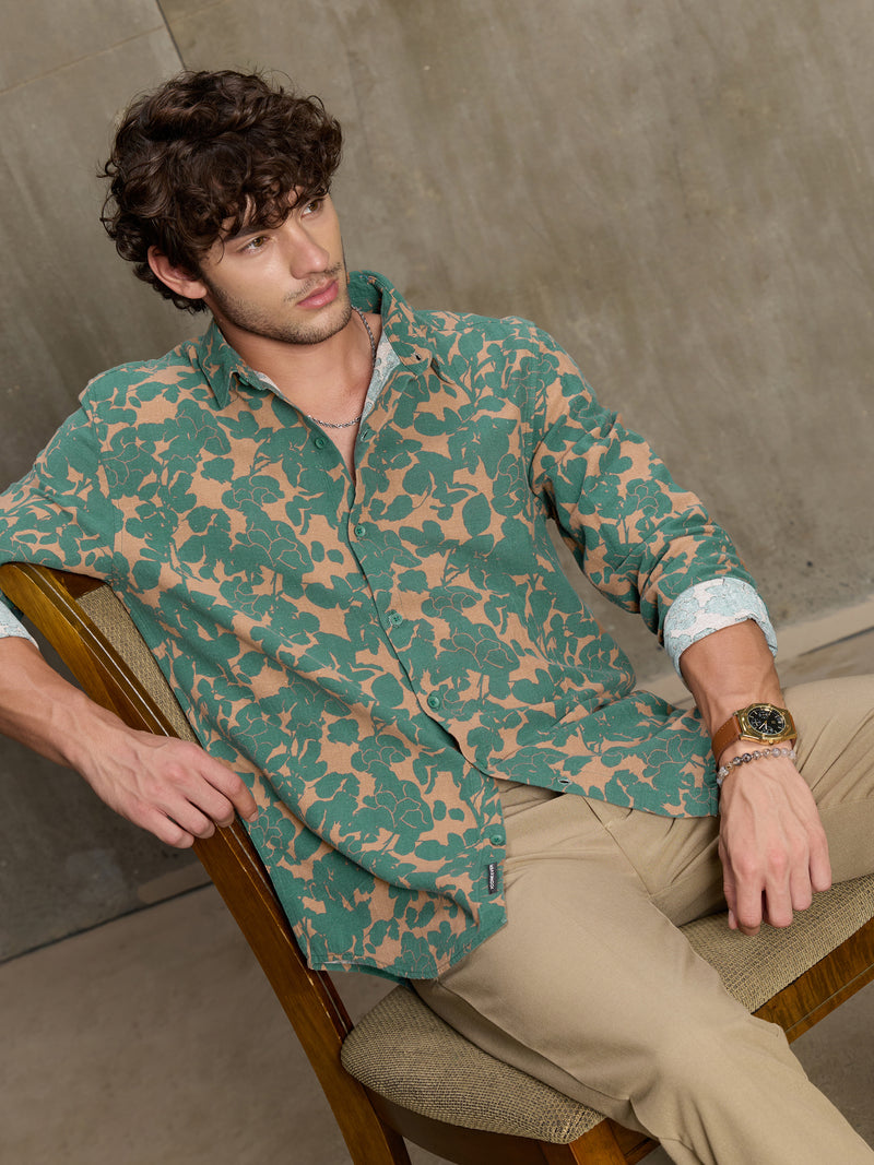 Cahoot Men's Green & Peach Floral Printed Cotton Shirt - view 1
