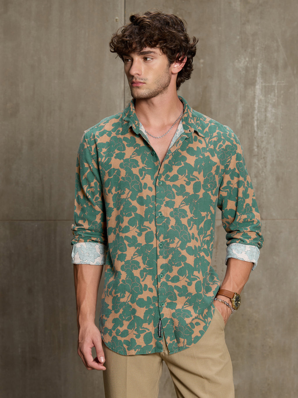Cahoot Men's Green & Peach Floral Printed Cotton Shirt - view 2