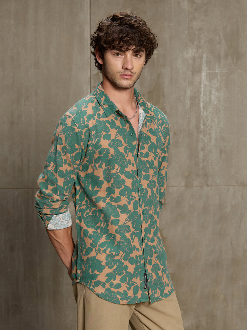 Cahoot Men's Green & Peach Floral Printed Cotton Shirt - view 3