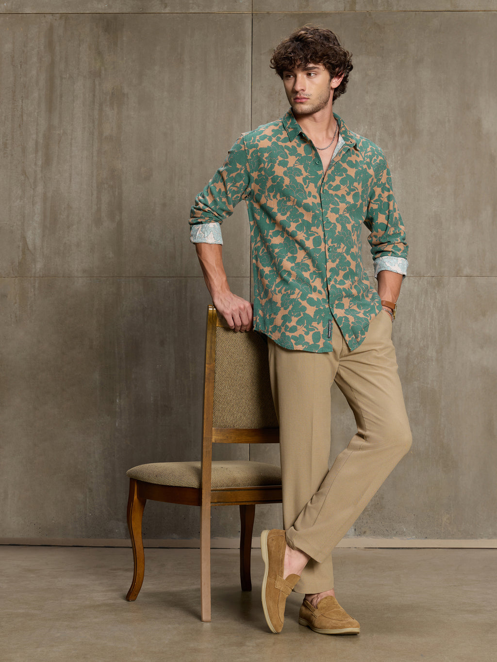 Cahoot Men's Green & Peach Floral Printed Cotton Shirt - view 6