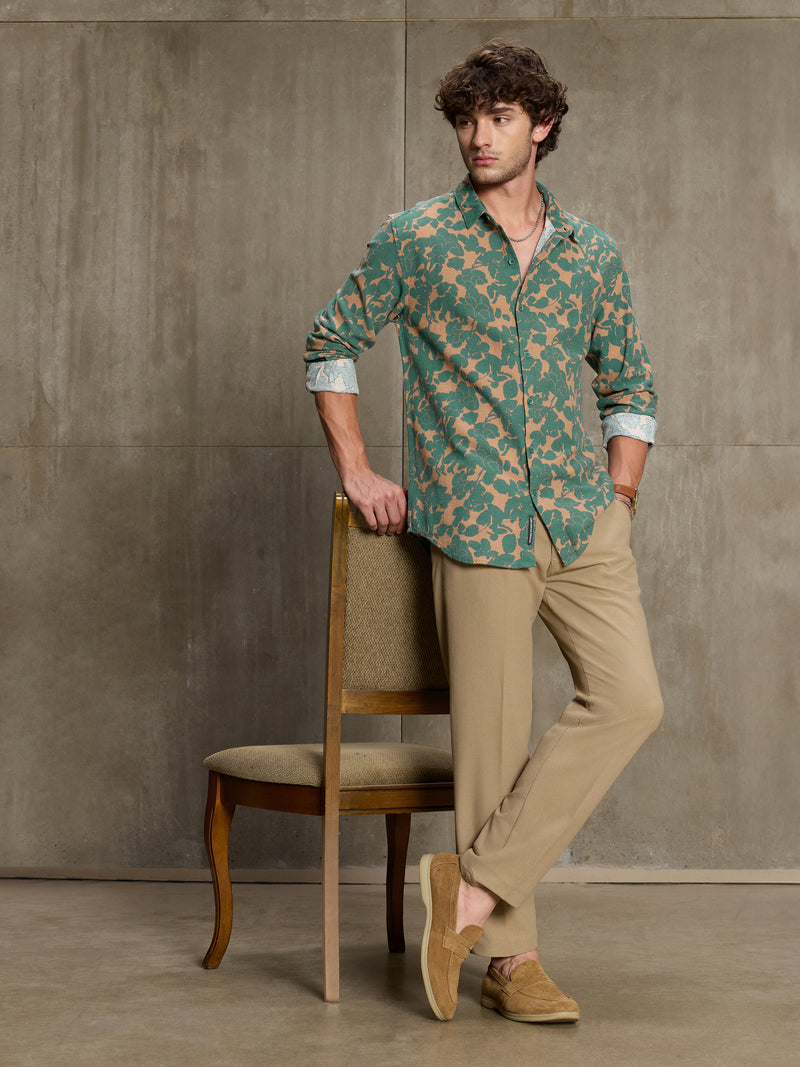 Cahoot Men's Green & Peach Floral Printed Cotton Shirt - view 6