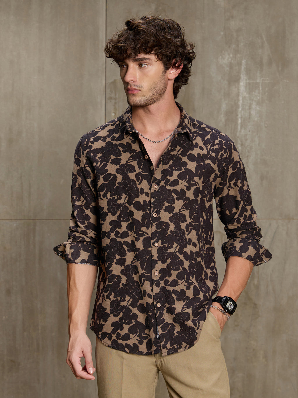 Cahoot Men's Brown & Black Floral Printed Cotton Shirt - view 1