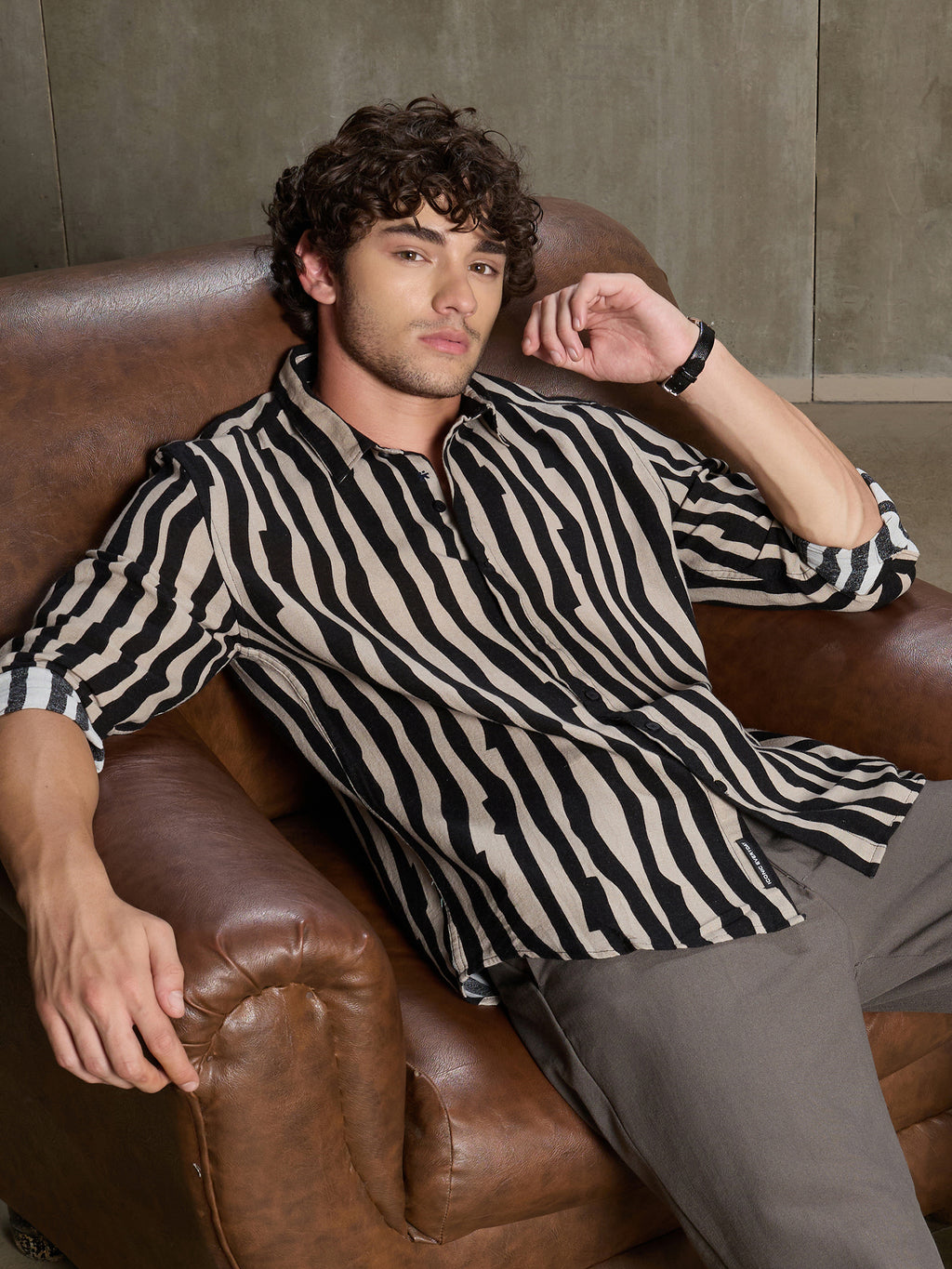 Cahoot Men's Black & Beige Wavy Striped Printed Cotton Shirt - view 1