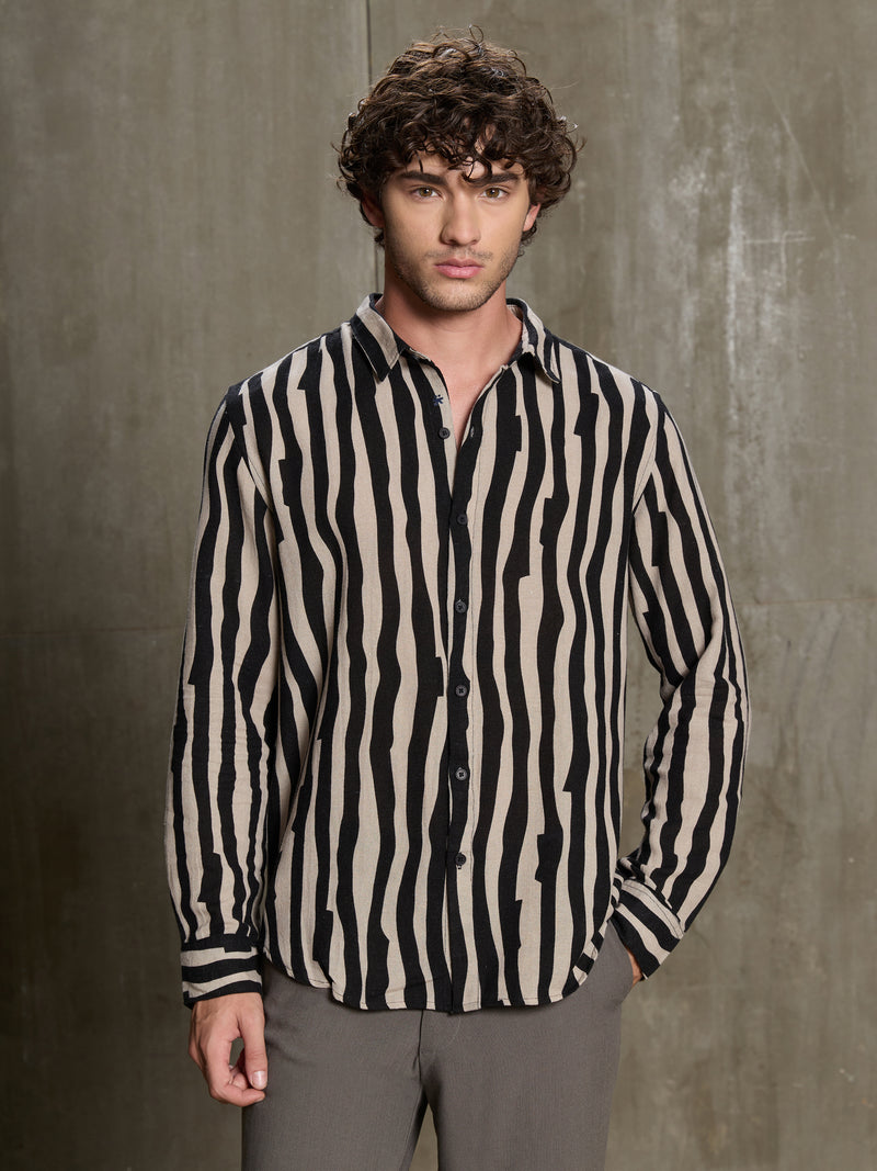 Cahoot Men's Black & Beige Wavy Striped Printed Cotton Shirt - view 2