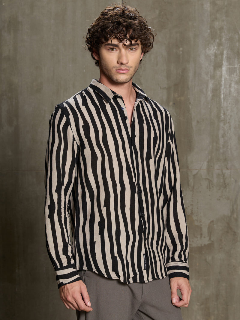Cahoot Men's Black & Beige Wavy Striped Printed Cotton Shirt - view 3