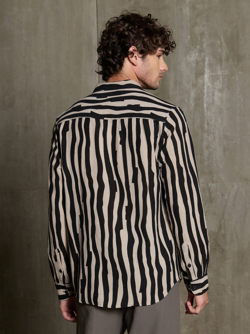 Cahoot Men's Black & Beige Wavy Striped Printed Cotton Shirt - view 4