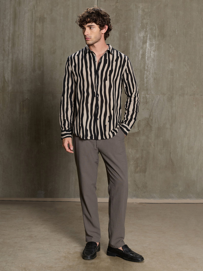 Cahoot Men's Black & Beige Wavy Striped Printed Cotton Shirt - view 5