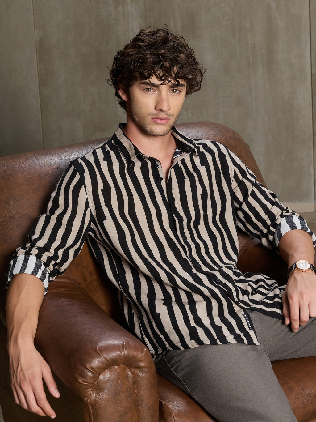 Cahoot Men's Black & Beige Wavy Striped Printed Cotton Shirt - view 6