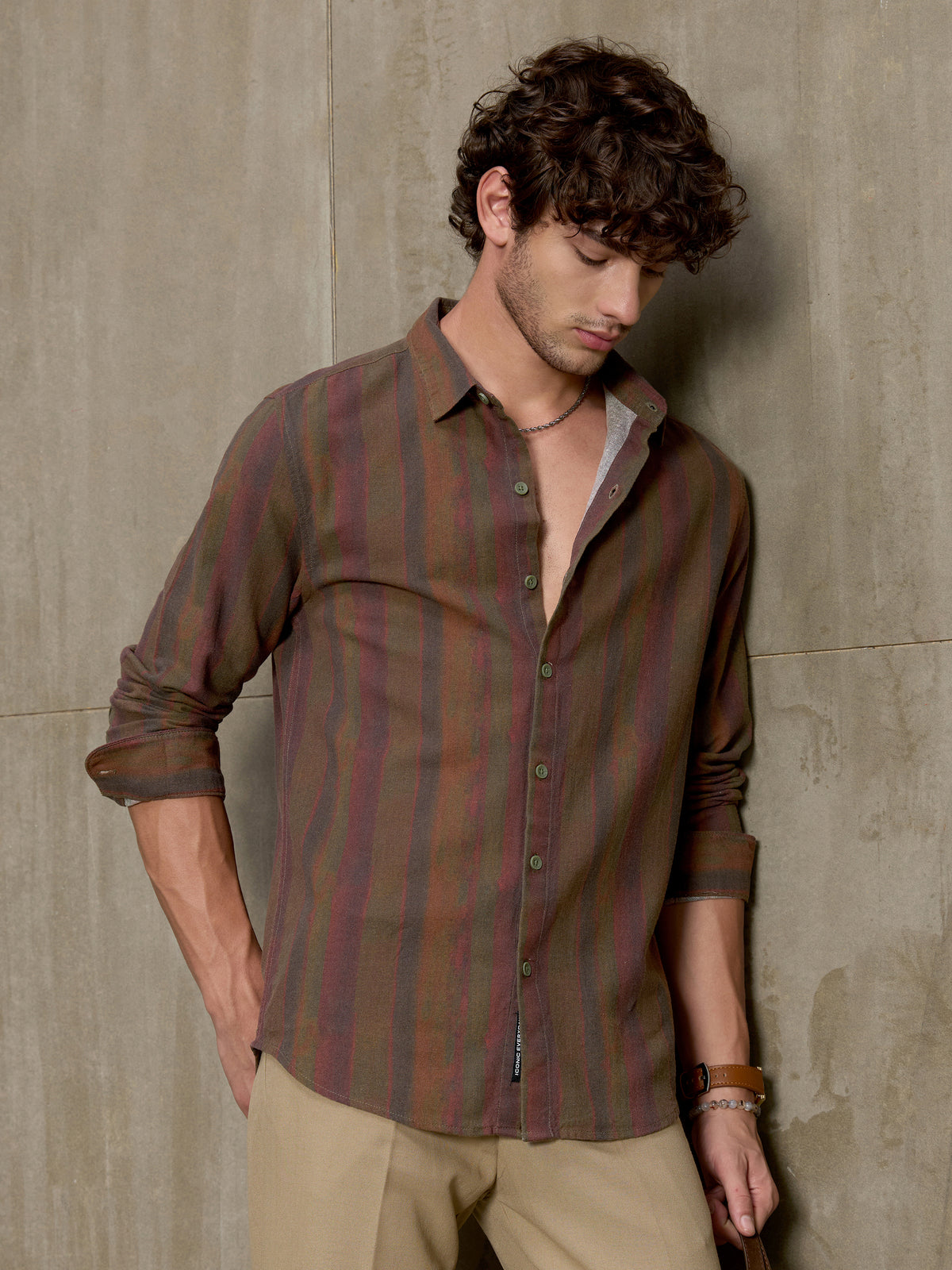Cahoot Men's Brown Abstract Striped Printed Cotton Shirt - view 1
