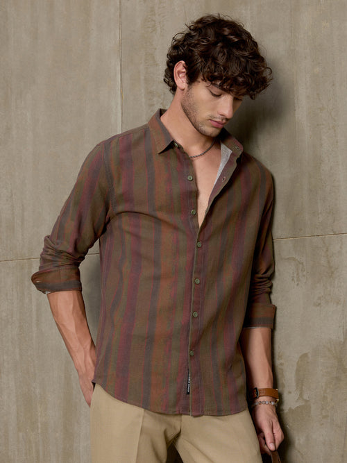 Cahoot Men's Brown Abstract Striped Printed Cotton Shirt - view 1