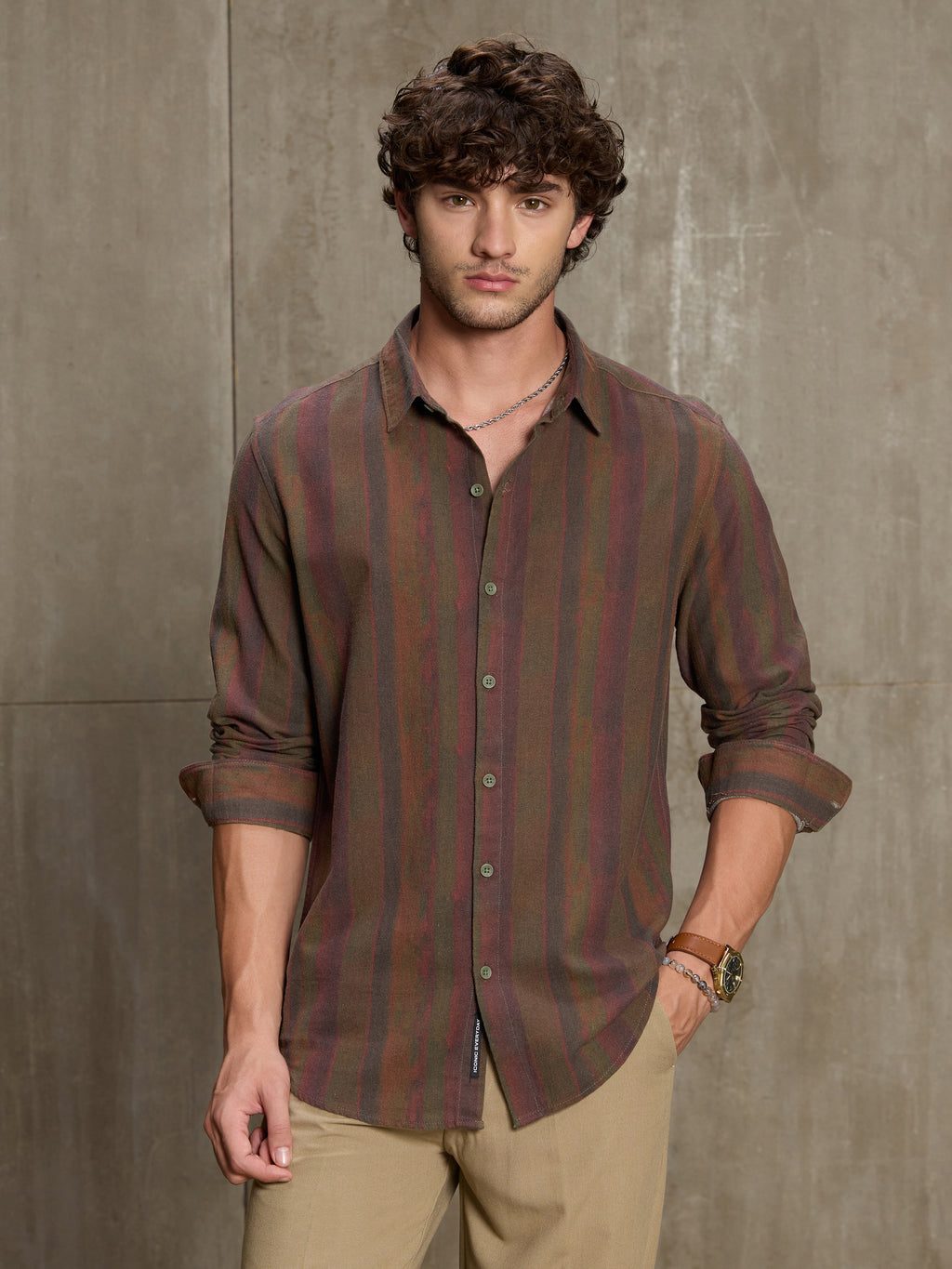 Cahoot Men's Brown Abstract Striped Printed Cotton Shirt - view 2