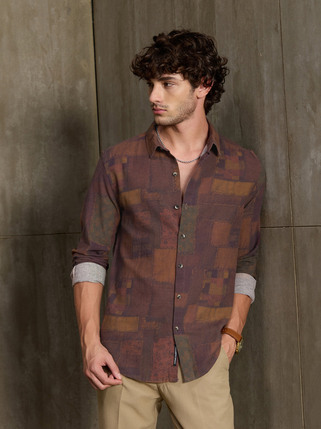 Cahoot Men's Brown Patchwork Abstract Printed Cotton Shirt - view 1
