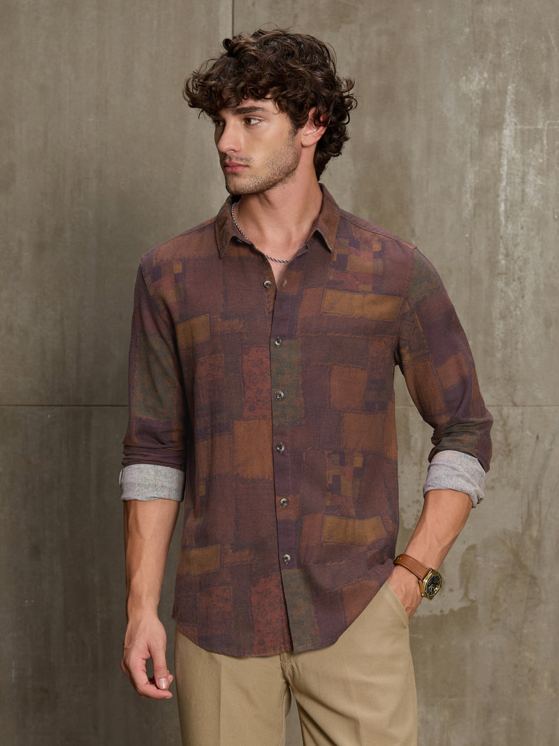 Cahoot Men's Brown Patchwork Abstract Printed Cotton Shirt - view 2