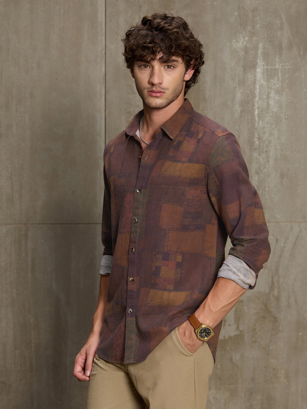 Cahoot Men's Brown Patchwork Abstract Printed Cotton Shirt - view 3