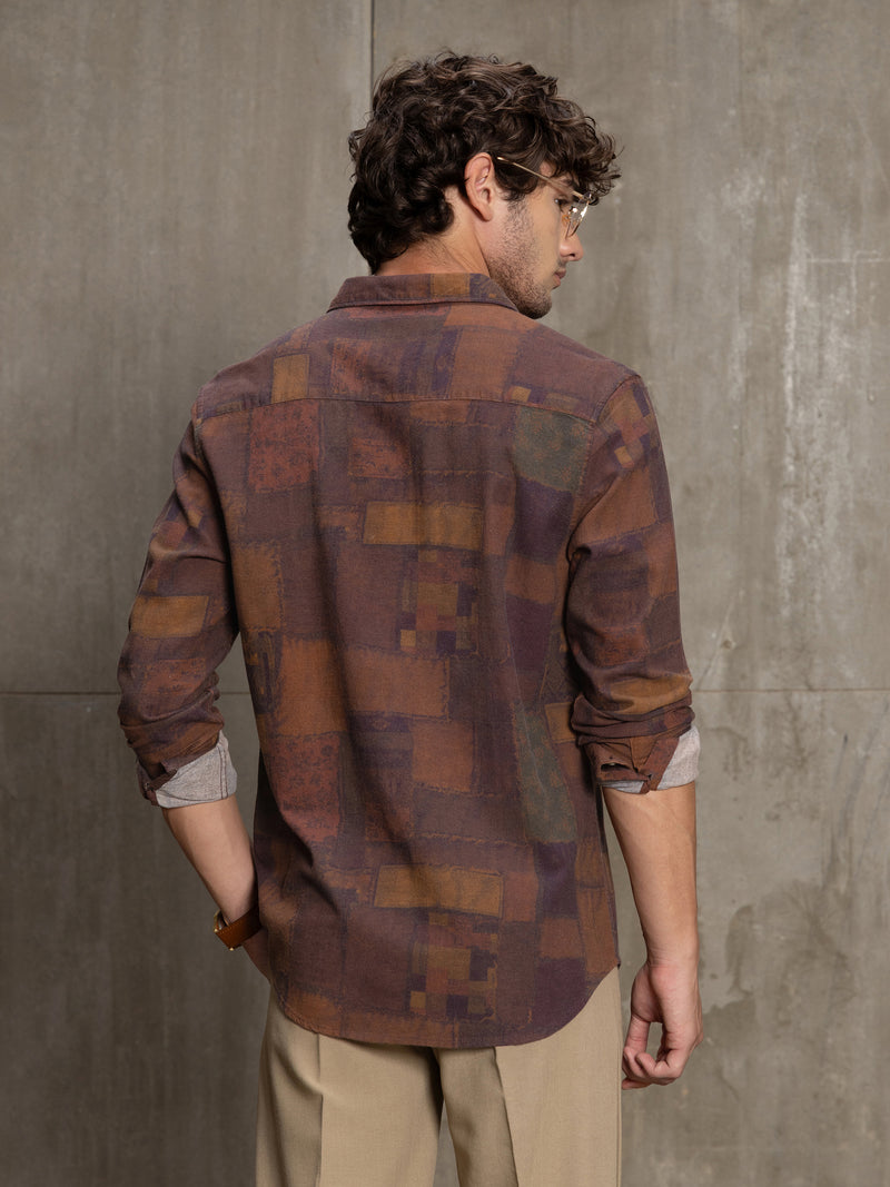Cahoot Men's Brown Patchwork Abstract Printed Cotton Shirt - view 4
