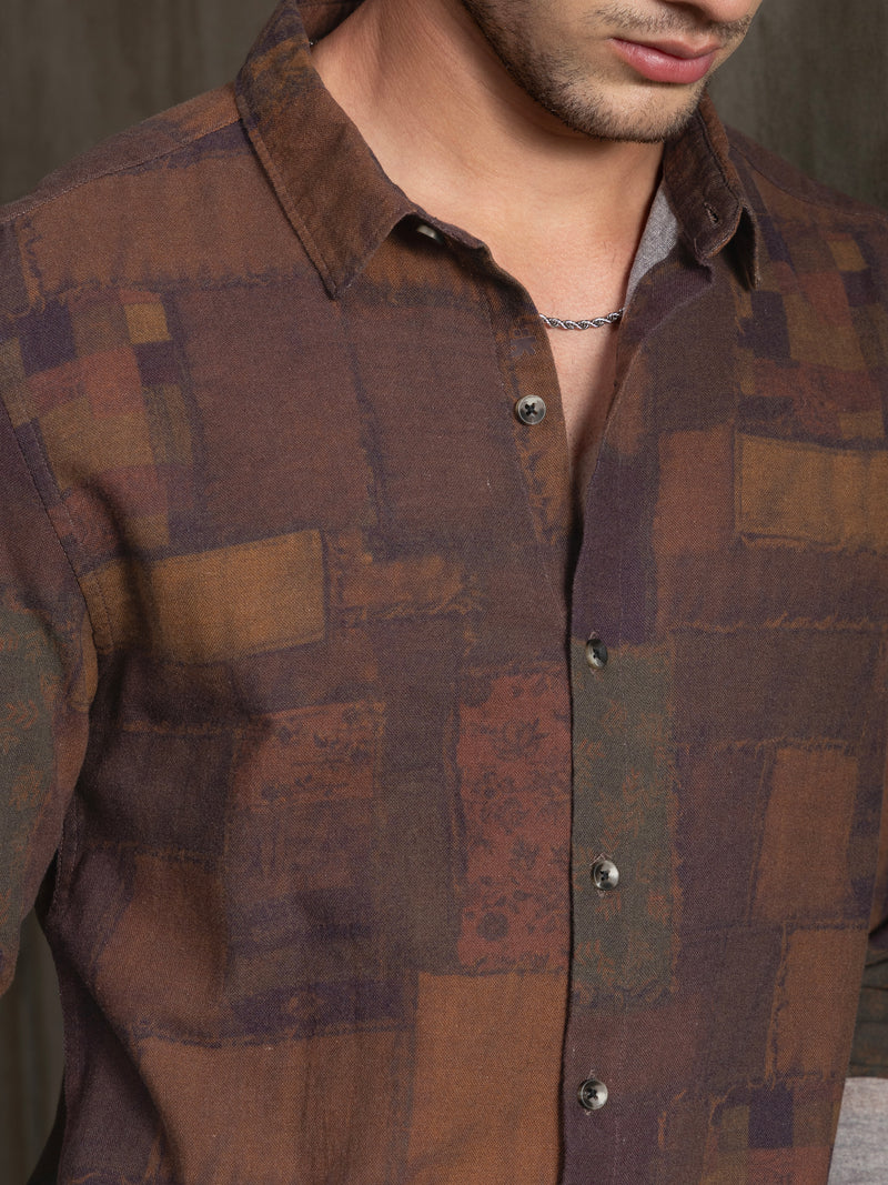 Cahoot Men's Brown Patchwork Abstract Printed Cotton Shirt - view 7