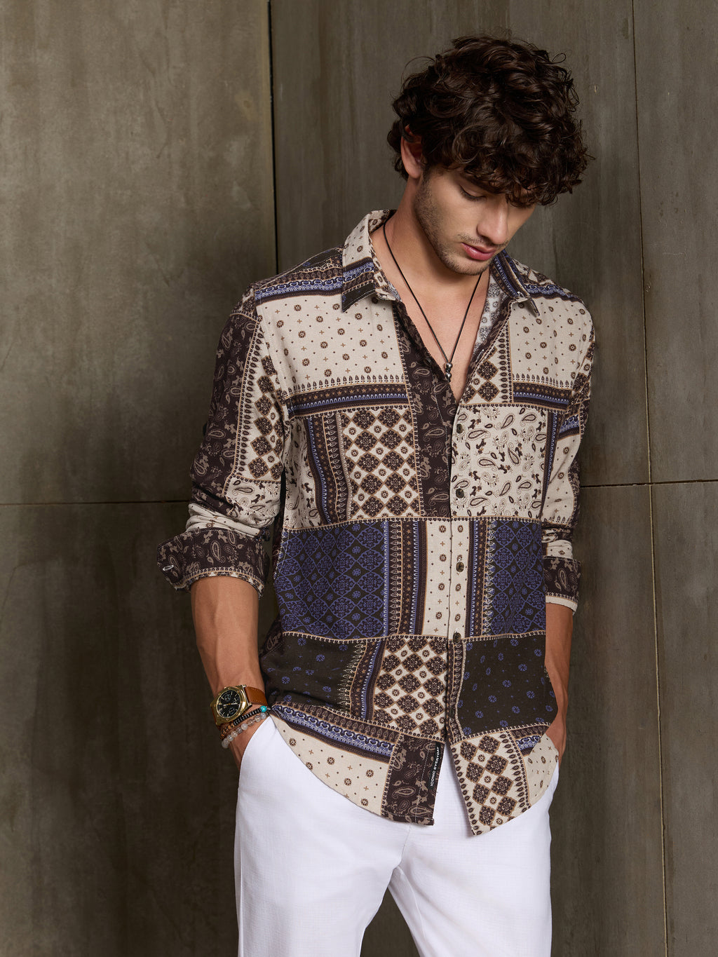Cahoot Men's Cream & Navy Ethnic Patchwork Printed Cotton Shirt - view 1