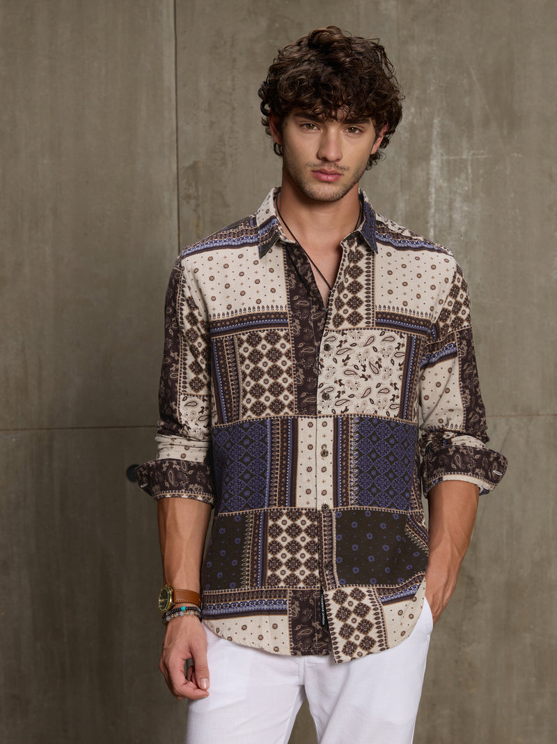 Cahoot Men's Cream & Navy Ethnic Patchwork Printed Cotton Shirt - view 2
