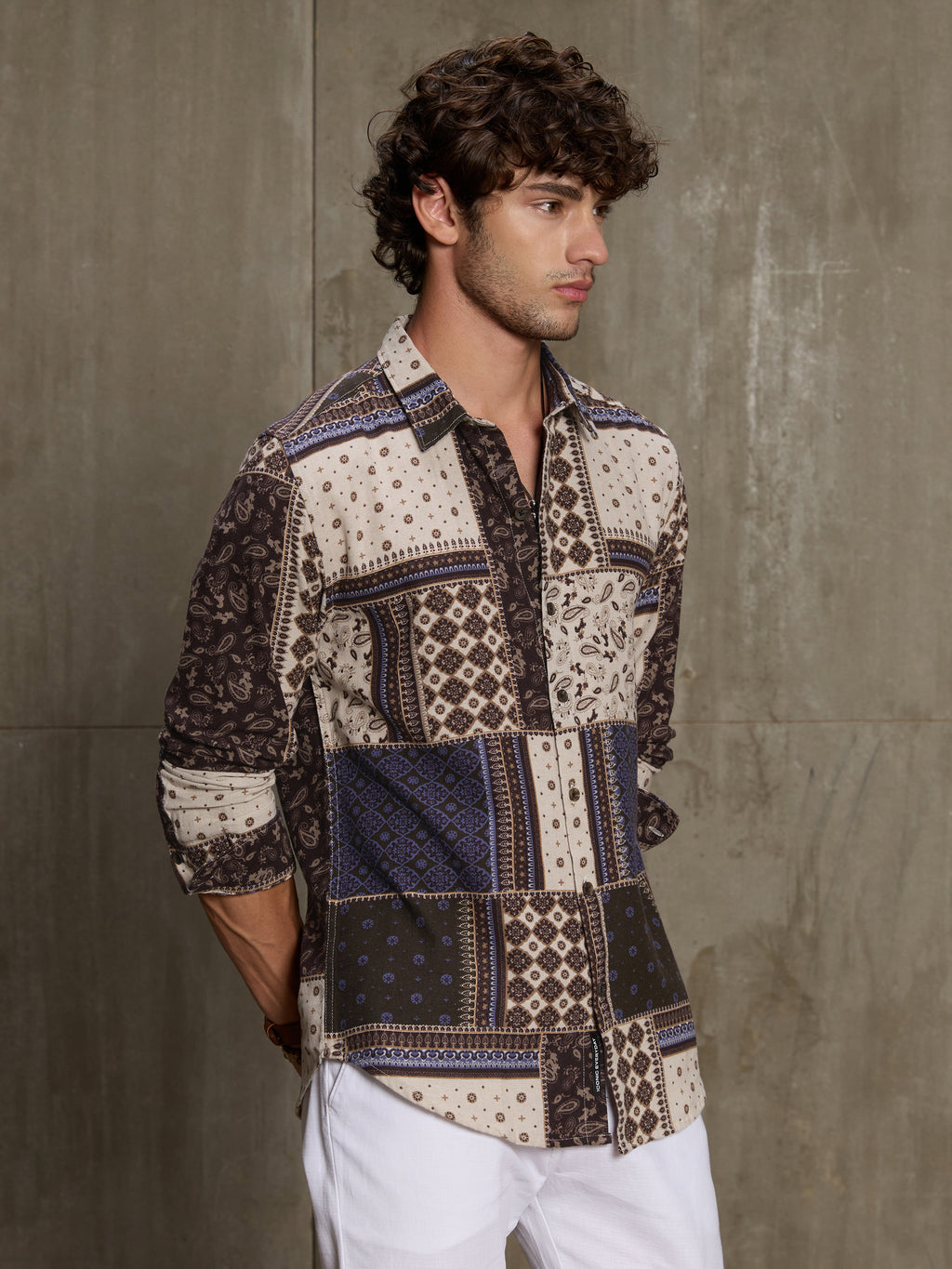 Cahoot Men's Cream & Navy Ethnic Patchwork Printed Cotton Shirt - view 3