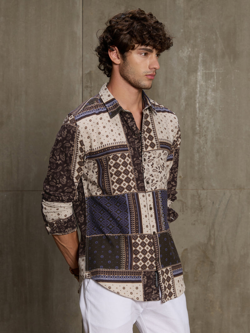 Cahoot Men's Cream & Navy Ethnic Patchwork Printed Cotton Shirt - view 3