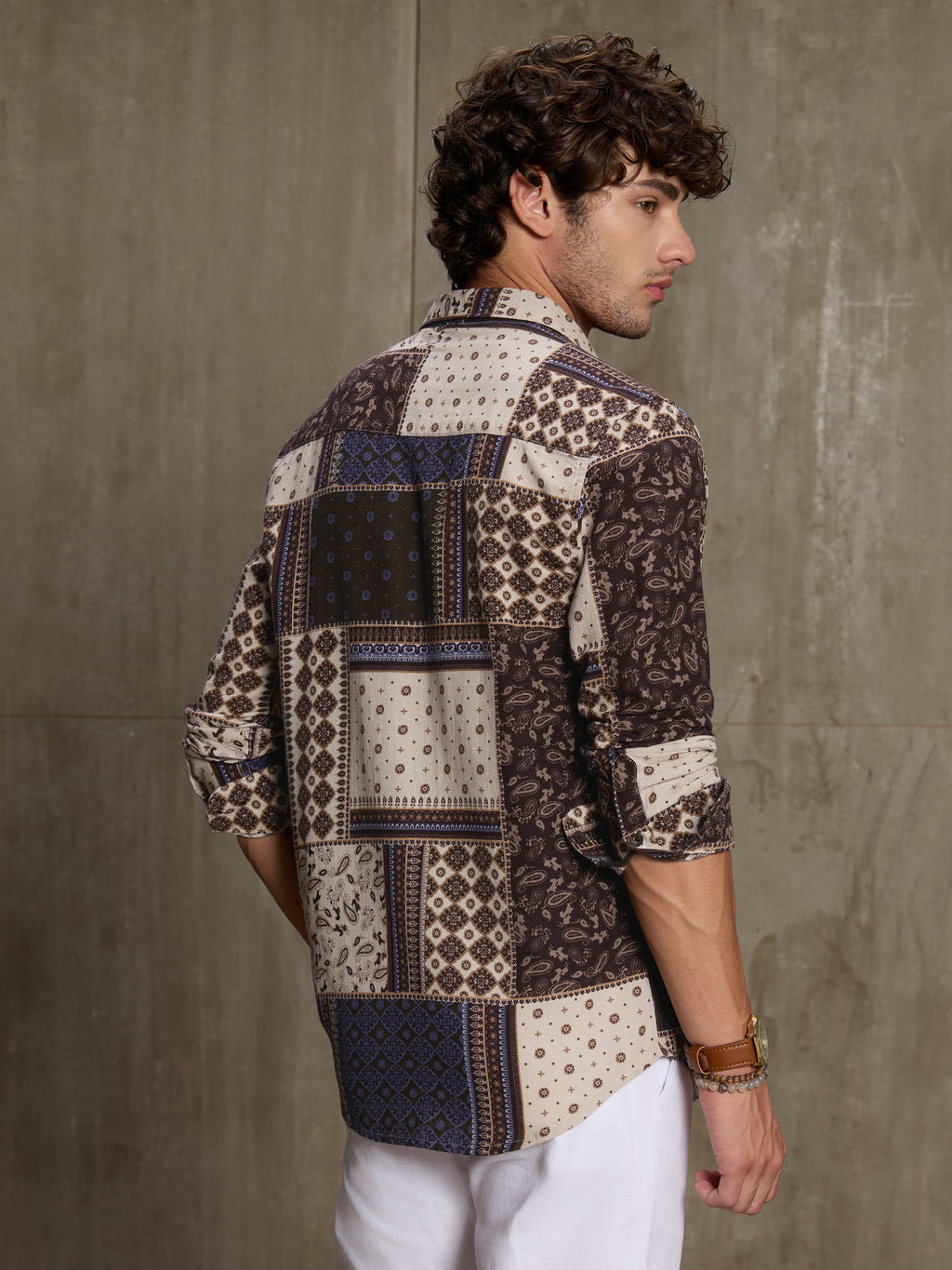 Cahoot Men's Cream & Navy Ethnic Patchwork Printed Cotton Shirt - view 4