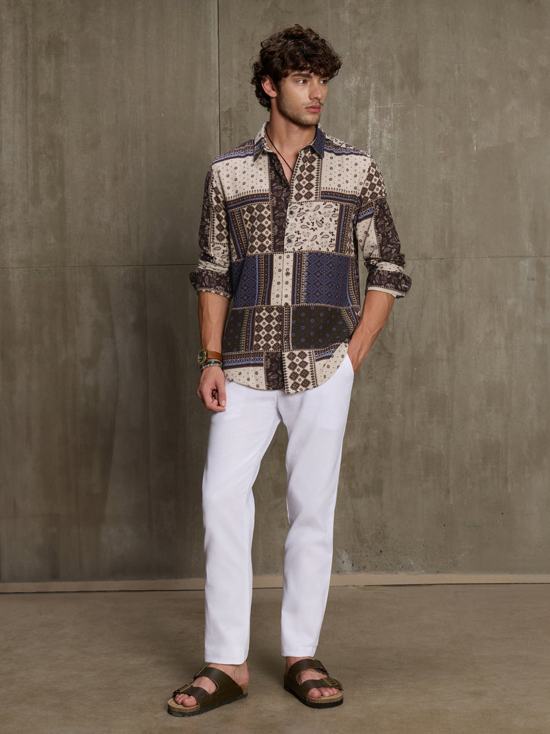 Cahoot Men's Cream & Navy Ethnic Patchwork Printed Cotton Shirt - view 5
