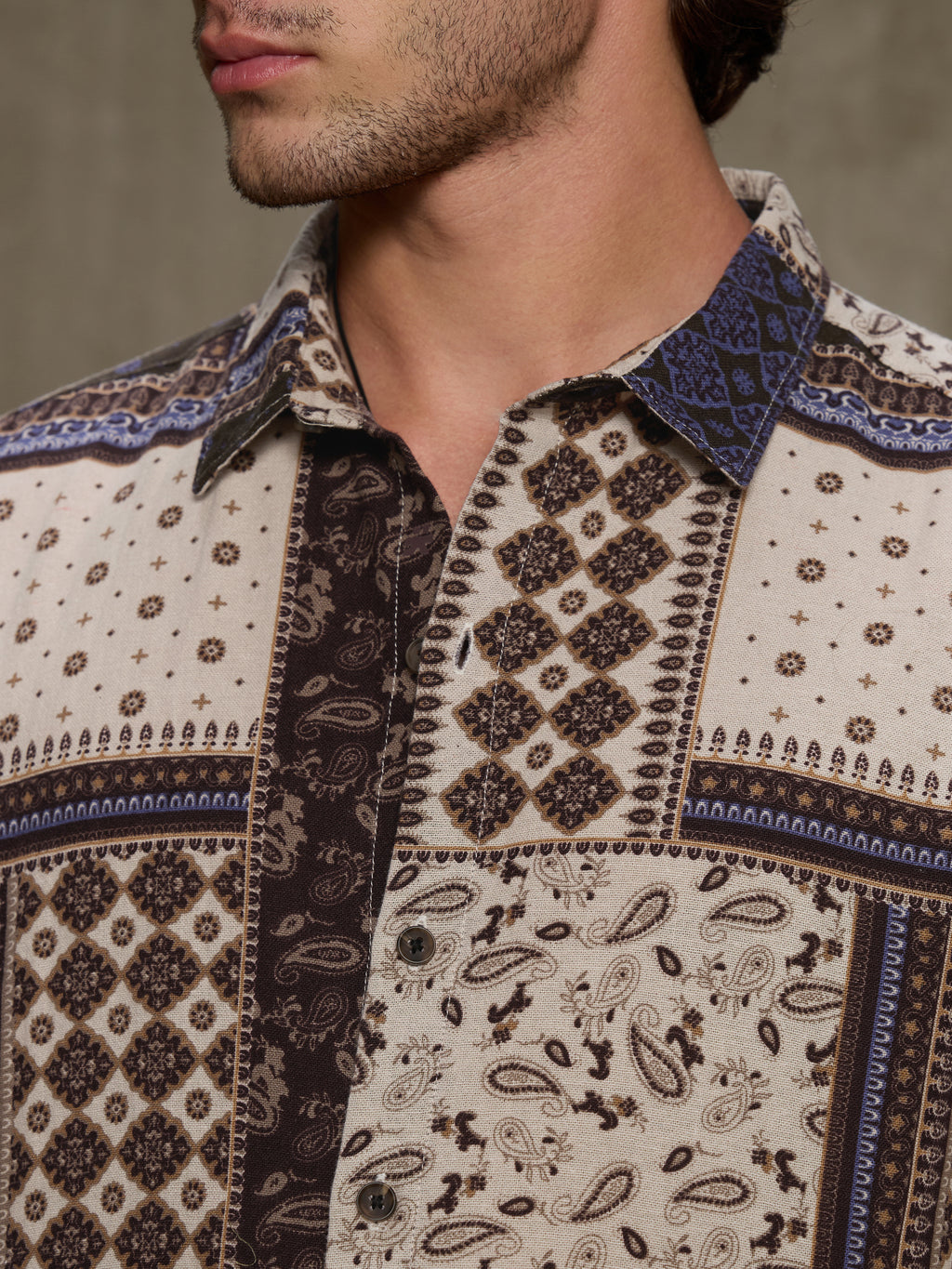 Cahoot Men's Cream & Navy Ethnic Patchwork Printed Cotton Shirt - view 7