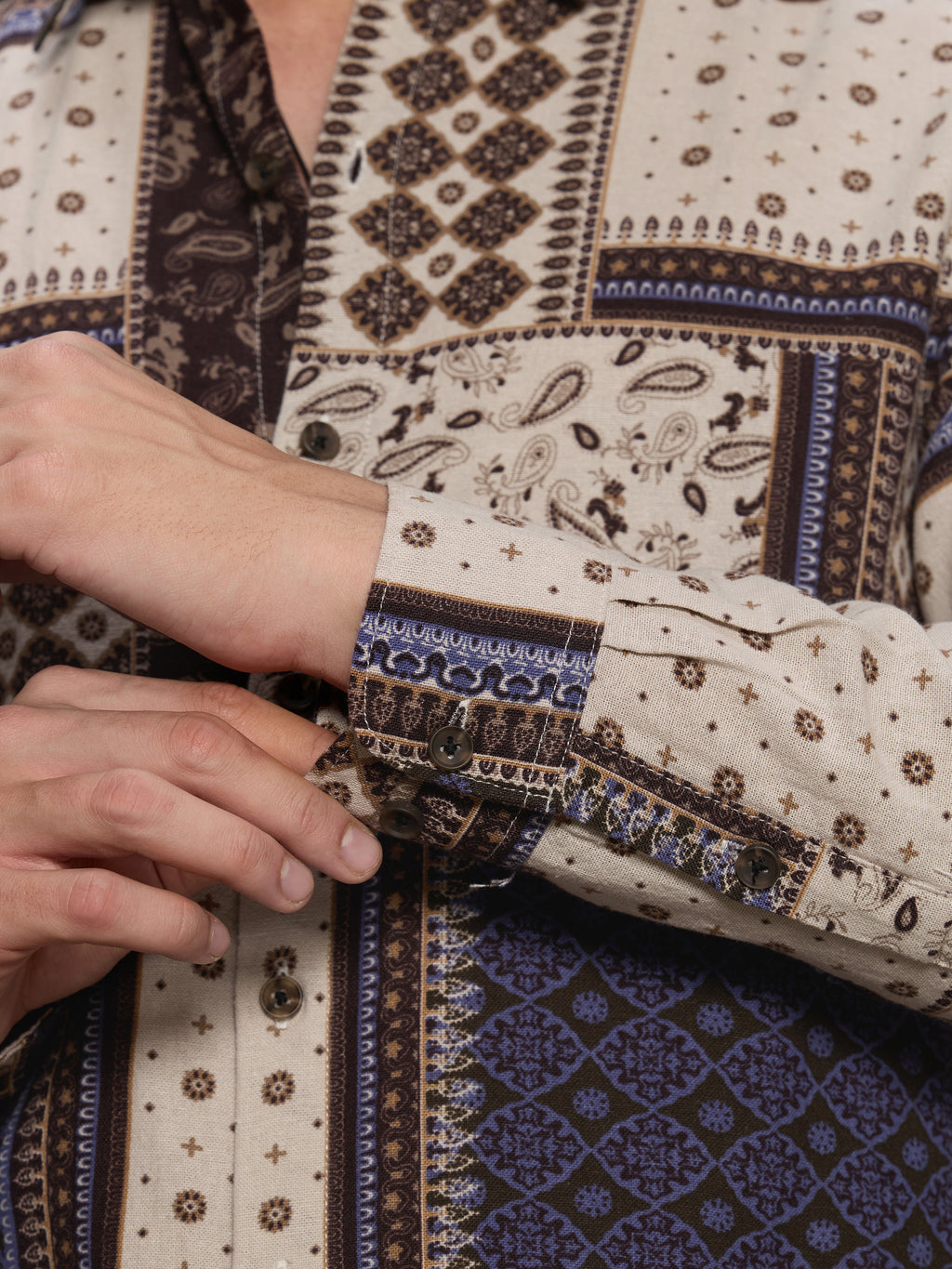 Cahoot Men's Cream & Navy Ethnic Patchwork Printed Cotton Shirt - view 8