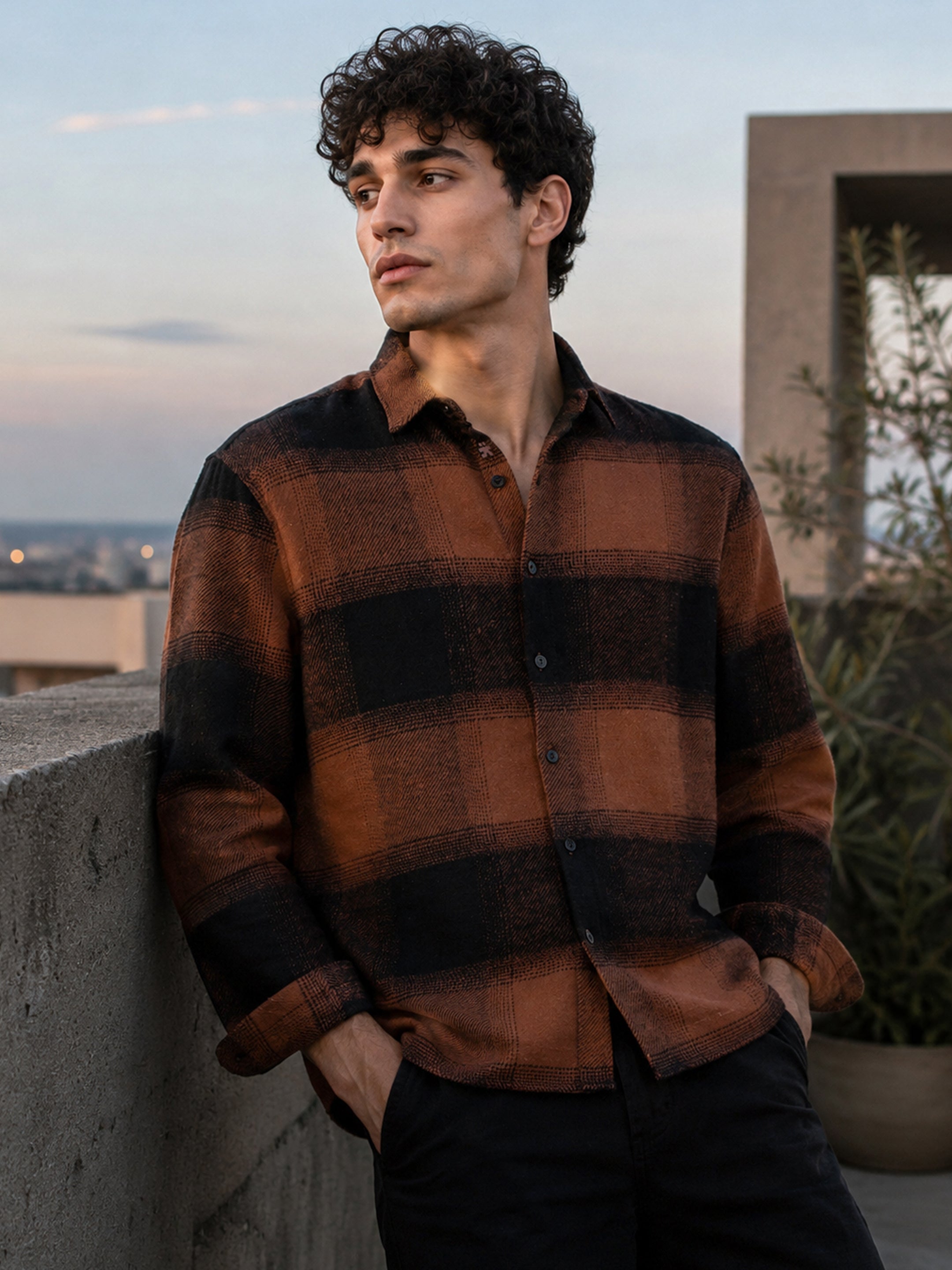 Cahoot Rust Brown & Black Check Flannel Overshirt - Image 1