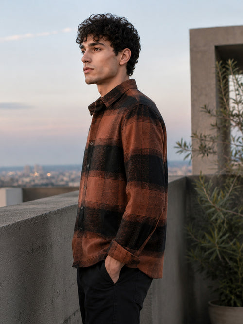 Rust Brown & Black Check Flannel Overshirt