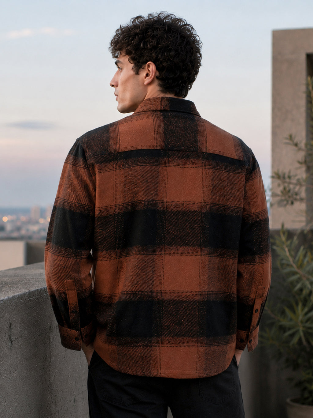 Rust Brown & Black Check Flannel Overshirt