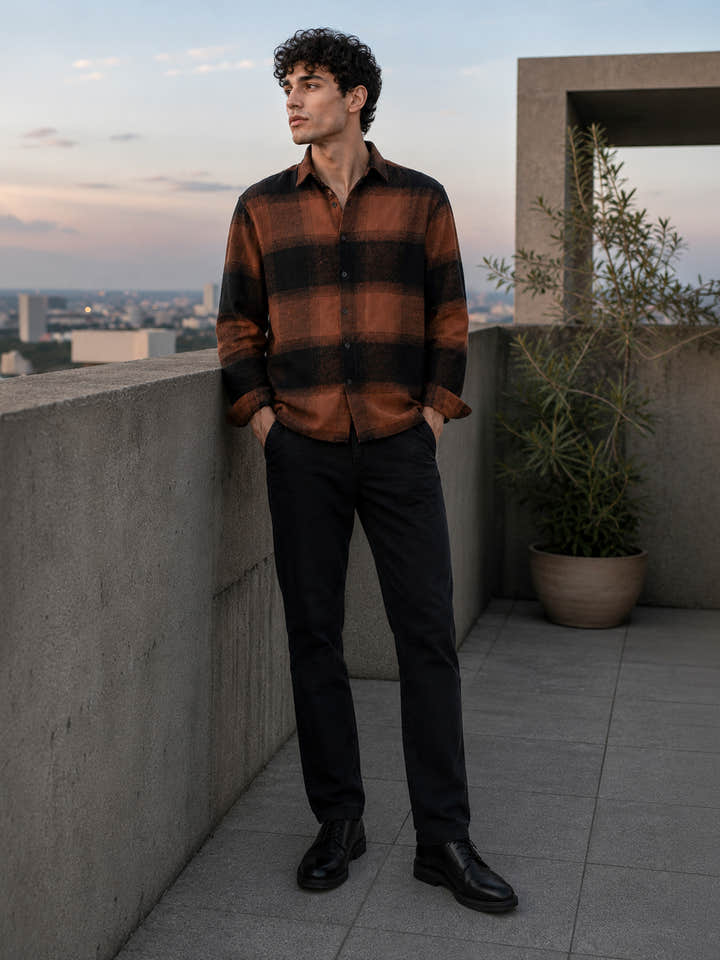 Rust Brown & Black Check Flannel Overshirt