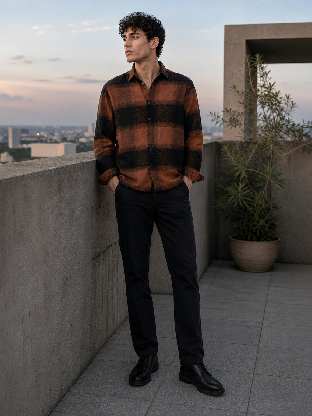 Rust Brown & Black Check Flannel Overshirt